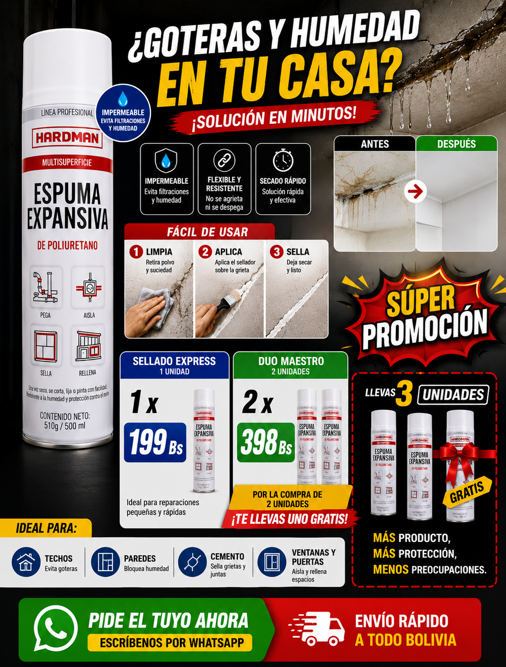 Espuma Expansiva de Poliuretano HARDMAN Multisuperficie 500ml
