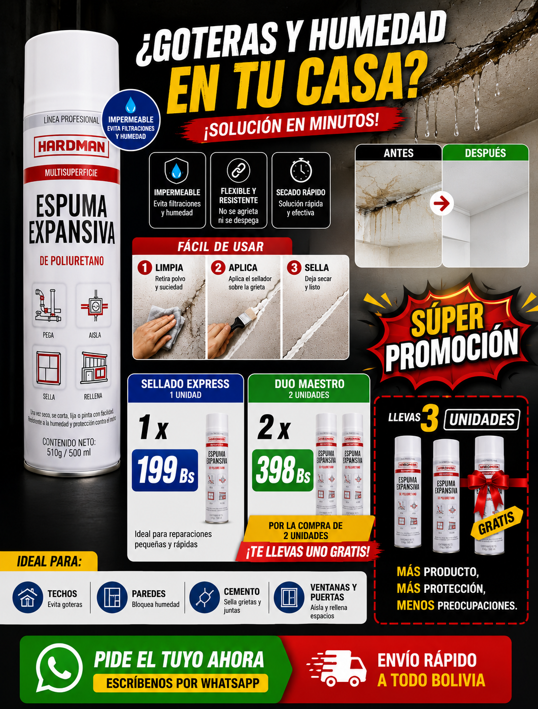 Espuma Expansiva de Poliuretano HARDMAN Multisuperficie 500ml