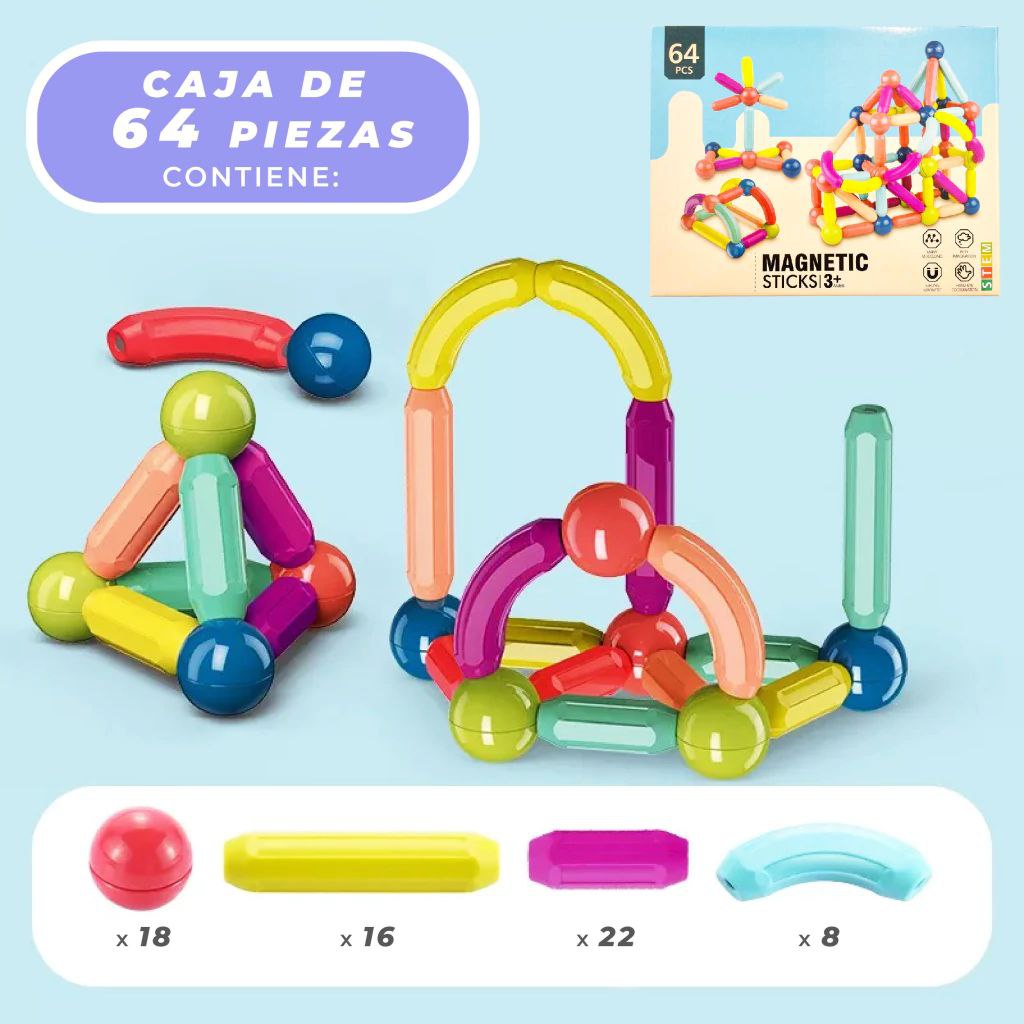 MAGNETIC STICKS – Juego Magnético Educativo (64 Piezas) + Regalo UN POPIT