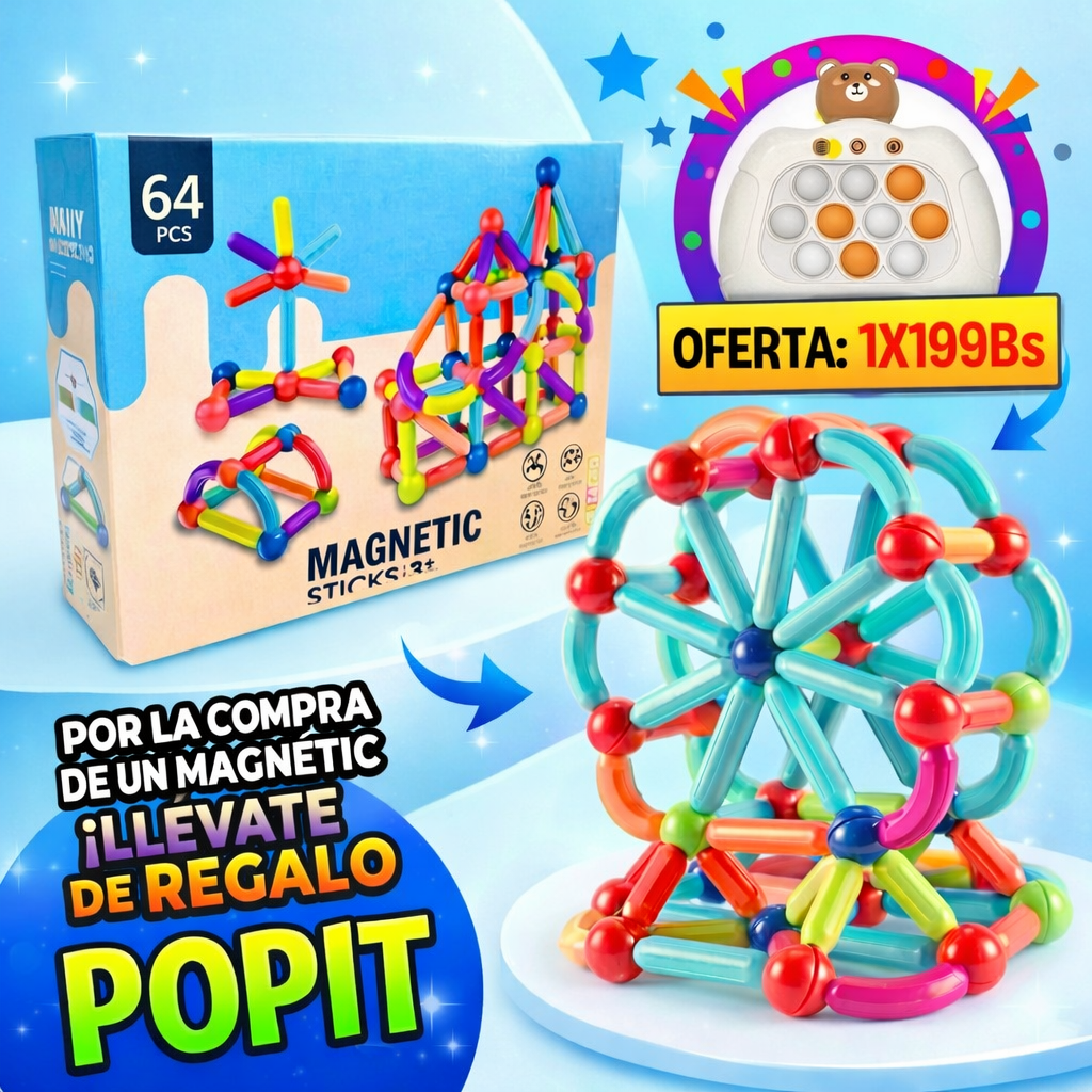 MAGNETIC STICKS – Juego Magnético Educativo (64 Piezas) + Regalo UN POPIT